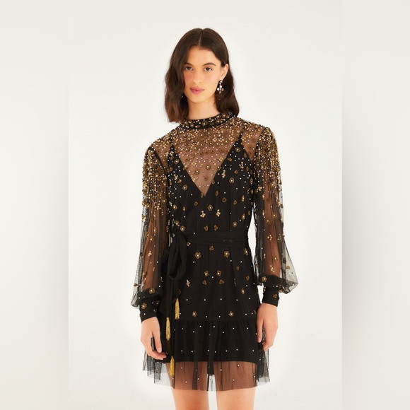 FARM RIO Black Embroidered Tulle Overlay Belted Long Sleeve Mini Dress ,Small,398
